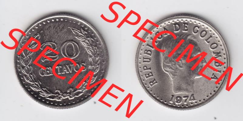Kolumbien Umlaufmünzen 1974, 20 Centavos. Hier befindet sich die Vorderseite und Rückseite einer Umlaufmünze aus Kolumbien als Digitales Bild in horizontaler Ausrichtung im... Sammlung