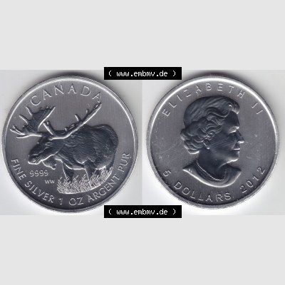 Kanada / Canada Silbermünze 2012-2012, 5 Dollars Wildlife Elch. Hier befindet sich die Vorderseite und Rückseite einer Silbermünze der kanadischen Wildlife-Serie aus Kanada... Sammlung