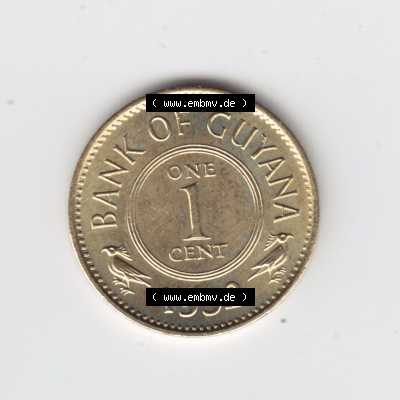 Münzen Guyana 1992, 1 One Cent. Hier befindet sich die Vorderseite einer Umlaufmünze aus Guyana als Digitales Bild im online... Sammlung