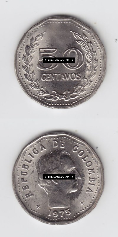 Kolumbien Umlaufmünzen 1975, 50 Centavos. Hier befindet sich die Vorderseite und Rückseite einer Umlaufmünze aus Kolumbien... Sammlung