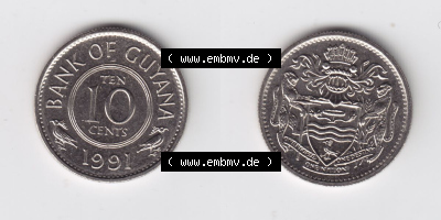 Münzen Guyana 1991, 10 Ten Cents. Hier befindet sich die Vorderseite und Rückseite einer Umlaufmünze aus Guyana als Digitales... Sammlung