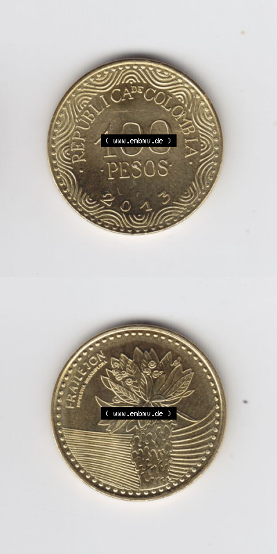 Kolumbien Umlaufmünzen 2013, 100 Pesos. Hier befindet sich die Vorderseite und Rückseite einer Umlaufmünze aus Kolumbien als... Sammlung