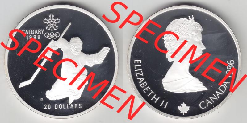 Kanada / Canada Silbermünze 1986, 20 Dollar Olympiade Calgary 1988, Eishockey. Hier befindet sich die Vorderseite und Rückseite einer 20 Dollar Silbermünze aus Kanada... Sammlung