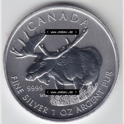 Kanada / Canada Silbermünze 2012-2012, 5 Dollars Wildlife Elch. Hier befindet sich die Vorderseite einer Silbermünze der Wildlife-Serie aus Kanada als Digitales Bild im online... Sammlung