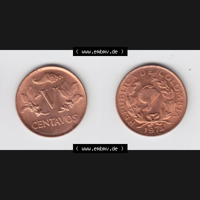 Kolumbien Umlaufmünzen 1974, 5 V Centavos. Hier befindet sich die Vorderseite und Rückseite einer Umlaufmünze aus Kolumbien als Digitales Bild in horizontaler Ausrichtung im... Sammlung