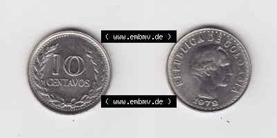 Kolumbien Umlaufmünzen 1972, 10 Centavos. Hier befindet sich die Vorderseite und Rückseite einer Umlaufmünze aus Kolumbien... Sammlung