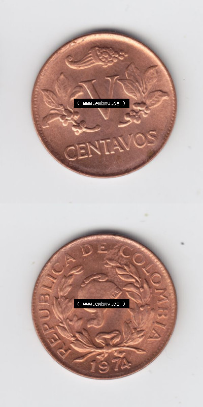 Kolumbien Umlaufmünzen 1974, 5 V Centavos. Hier befindet sich die Vorderseite und Rückseite einer Umlaufmünze aus Kolumbien... Sammlung
