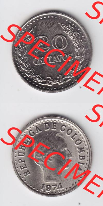 Kolumbien Umlaufmünzen 1974, 20 Centavos. Hier befindet sich die Vorderseite und Rückseite einer Umlaufmünze aus Kolumbien als Digitales Bild in vertikaler Ausrichtung untereinander... Sammlung