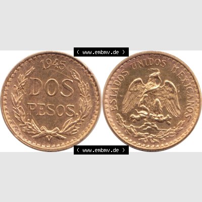 Münzen Mexiko / Mexico 1919-1948, Dos Pesos, 2 Pesos Goldmünze 1945. Hier befindet sich eine Goldmünze aus Mexiko / Mexico als horizontales Bild der Vorderseite... Sammlung