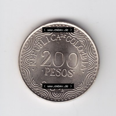 Kolumbien Umlaufmünzen 2013, 200 Pesos. Hier befindet sich die Vorderseite einer Umlaufmünze aus Kolumbien als Digitales Bild im online Katalog zum katalogisieren und kategorisieren... Sammlung