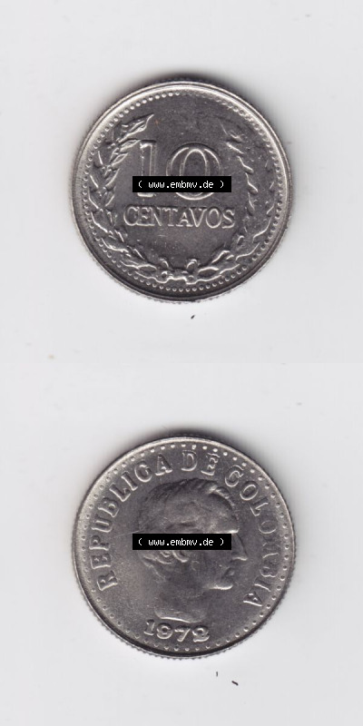 Kolumbien Umlaufmünzen 1972, 10 Centavos. Hier befindet sich die Vorderseite und Rückseite einer Umlaufmünze aus Kolumbien... Sammlung