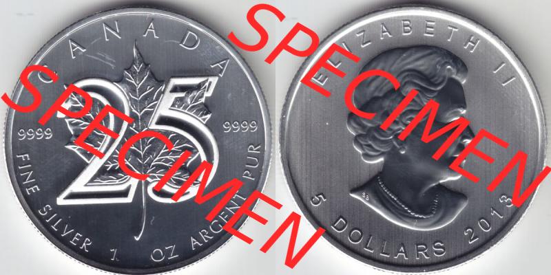 Kanada / Canada Silbermünze 2013, 5 Dollar 25 Jahre Silber Maple Leaf 9999er Silber weltweit berühmte Anlagemünze. Hier befindet sich die Vorderseite und Rückseite... Sammlung
