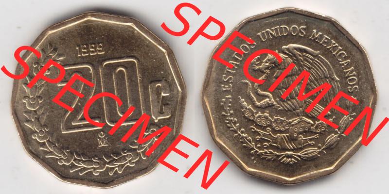 Münzen Mexiko / Mexico 1992-2009, 20 Centavos 1999. Hier befindet sich die einer Umlaufmünze aus Mexiko / Mexico als horizontales Bild der Vorderseite und Rückseite... Sammlung