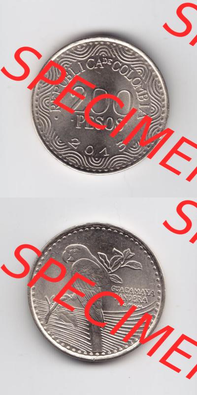 Kolumbien Umlaufmünzen 2013, 200 Pesos. Hier befindet sich die Vorderseite und Rückseite einer Umlaufmünze aus Kolumbien als Digitales Bild in vertikaler Ausrichtung untereinander... Sammlung