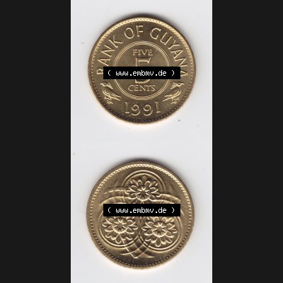 Münzen Guyana 1991, 5 Five Cents. Hier befindet sich die Vorderseite und Rückseite einer Umlaufmünze aus Guyana als Digitales Bild in vertikaler Ausrichtung untereinander im... Sammlung