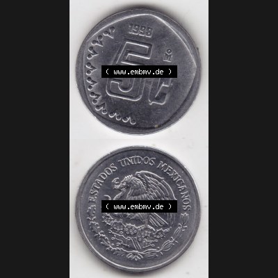 Münzen Mexiko / Mexico 1992-2002, 5 Centavos 1998. Hier befindet sich die einer Umlaufmünze aus Mexiko / Mexico als vertikales untereinander angefügtes Bild der Vorderseite... Sammlung