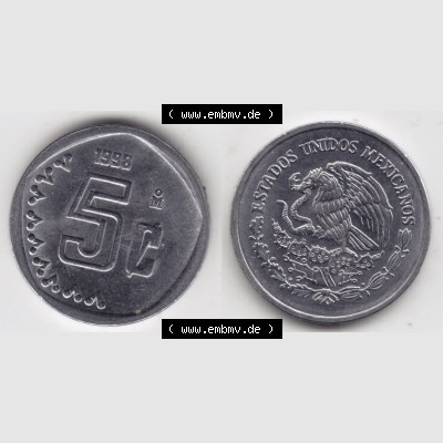 Münzen Mexiko / Mexico 1992-2002, 5 Centavos 1998. Hier befindet sich die einer Umlaufmünze aus Mexiko / Mexico als horizontales Bild der Vorderseite und Rückseite auf... Sammlung