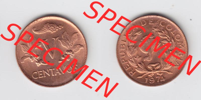 Kolumbien Umlaufmünzen 1974, 5 V Centavos. Hier befindet sich die Vorderseite und Rückseite einer Umlaufmünze aus Kolumbien als Digitales Bild in horizontaler Ausrichtung im... Sammlung