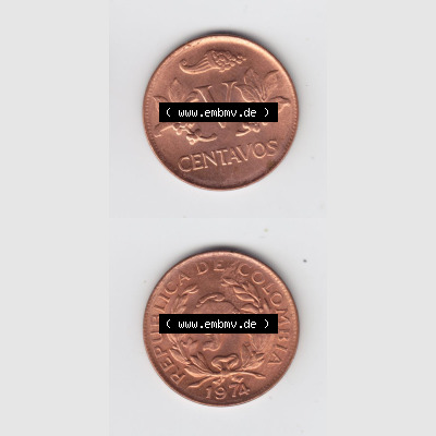 Kolumbien Umlaufmünzen 1974, 5 V Centavos. Hier befindet sich die Vorderseite und Rückseite einer Umlaufmünze aus Kolumbien als Digitales Bild in vertikaler Ausrichtung untereinander... Sammlung