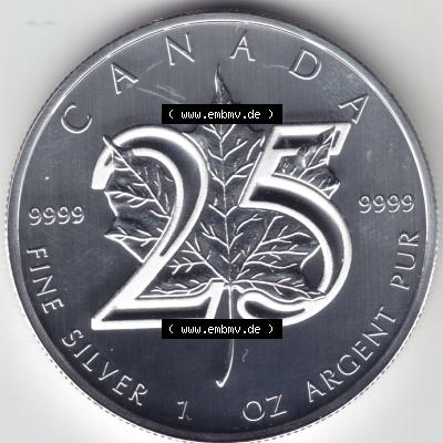 Kanada / Canada Silbermünze 2013, 5 Dollar 25 Jahre Silber Maple Leaf 9999er Silber weltweit berühmte Anlagemünze. Hier befindet sich die Vorderseite einer 5 Dollar Silbermünze... Sammlung