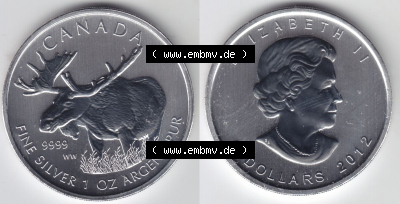 Kanada / Canada Silbermünze 2012-2012, 5 Dollars Wildlife Elch. Hier befindet sich die Vorderseite und Rückseite einer Silbermünze... Sammlung