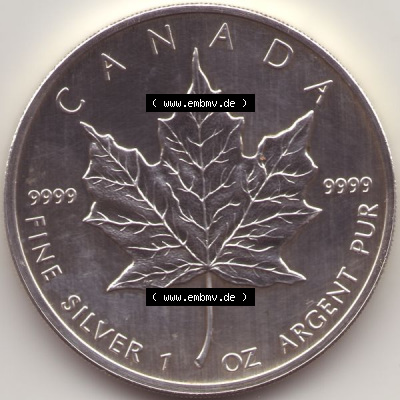 Kanada / Canada Silbermünze 2006, 5 Dollar Maple Leaf 9999er Silber weltweit berühmte Anlagemünze. Hier befindet sich die Vorderseite... Sammlung