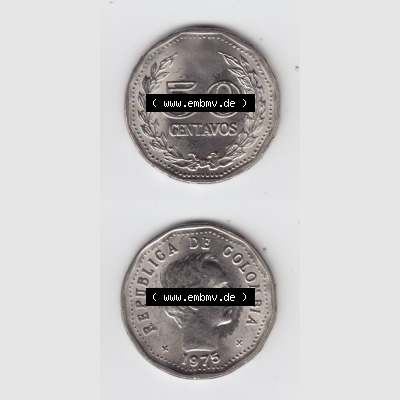 Kolumbien Umlaufmünzen 1975, 50 Centavos. Hier befindet sich die Vorderseite und Rückseite einer Umlaufmünze aus Kolumbien als Digitales Bild in vertikaler Ausrichtung untereinander... Sammlung