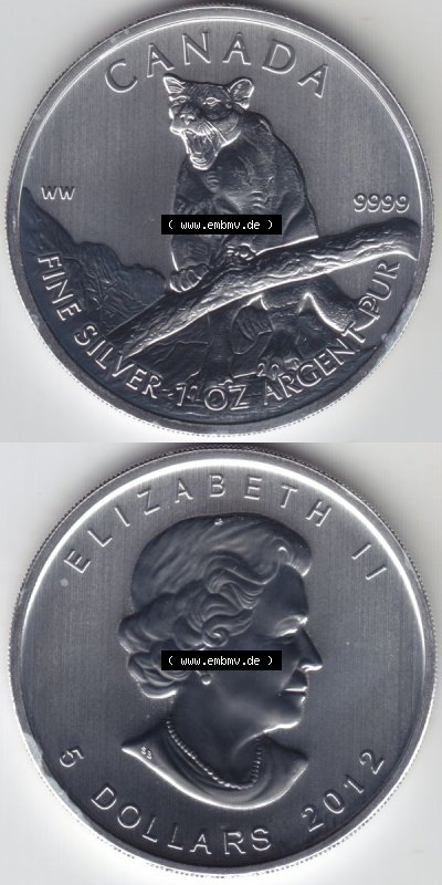 Kanada / Canada Silbermünze 2012-2012, 5 Dollars Puma Wildlife. Hier befindet sich die Vorderseite und Rückseite einer Silbermünze... Sammlung