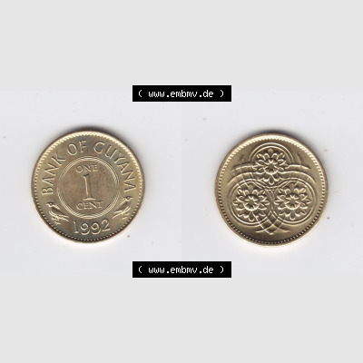 Münzen Guyana 1992, 1 One Cent. Hier befindet sich die Vorderseite und Rückseite einer Umlaufmünze aus Guyana als Digitales Bild in horizontaler Ausrichtung im online Katalog... Sammlung