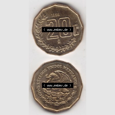 Münzen Mexiko / Mexico 1992-2009, 20 Centavos 1999. Hier befindet sich die einer Umlaufmünze aus Mexiko / Mexico als vertikales untereinander angefügtes Bild der Vorderseite... Sammlung
