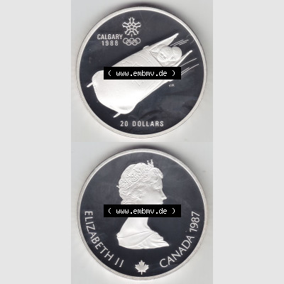 Kanada / Canada Silbermünze 1987, 20 Dollar Olympiade Calgary 1988, Bobsport. Hier befindet sich die Vorderseite und Rückseite einer 20 Dollar Silbermünze der aus... Sammlung