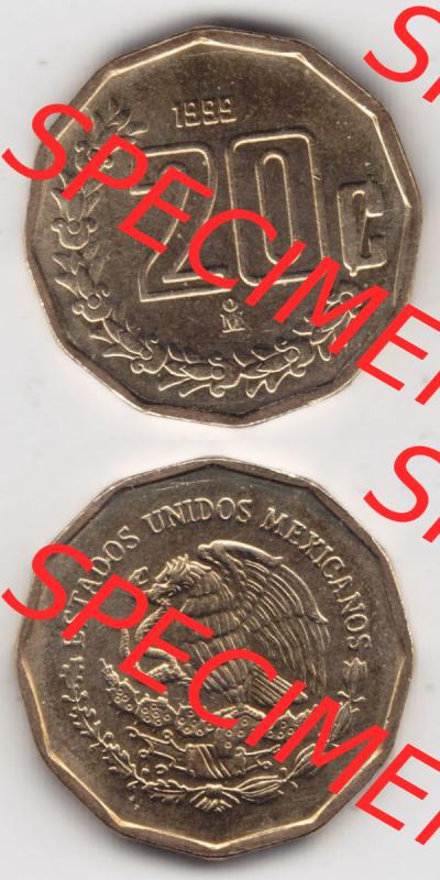 Münzen Mexiko / Mexico 1992-2009, 20 Centavos 1999. Hier befindet sich die einer Umlaufmünze aus Mexiko / Mexico als vertikales untereinander angefügtes Bild der Vorderseite... Sammlung