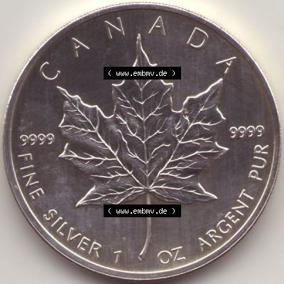 Kanada / Canada Silbermünze 2006, 5 Dollar Maple Leaf 9999er Silber weltweit berühmte Anlagemünze. Hier befindet sich die Vorderseite einer 5 Dollar Silbermünze aus... Sammlung