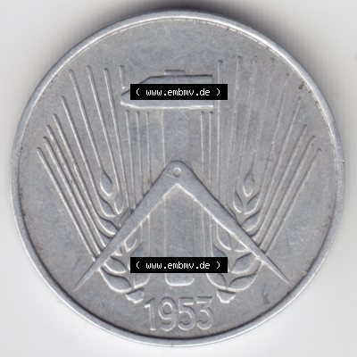 1953, A 10 Pfennig Münzen-Rückseite Deutschland der DDR, der Deutschen Demokratischen Republik, die DDR Münzen können auf EMBMV im Katalog katalogisiert und verwaltet... Sammlung