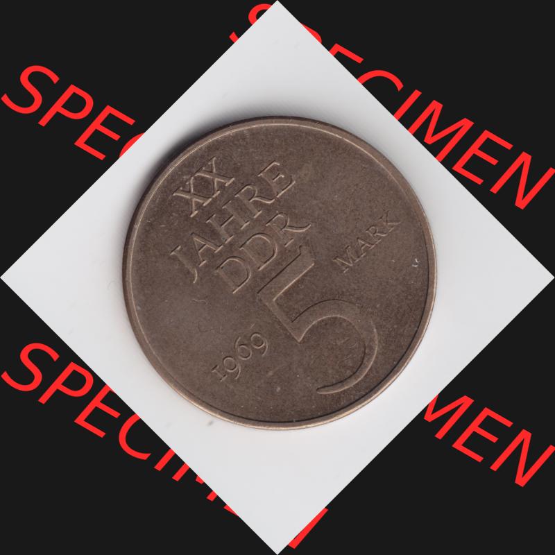 1969, 5 Mark Gedenkmünze XX, 20 Jahre DDR, Münzen-Vorderseite mit Wert-Angabe auf einen Digitalen Bild, der Münze aus Deutschland der DDR, der Deutschen Demokratischen... Sammlung