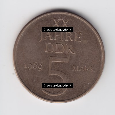 1969, 5 Mark Gedenkmünze XX, 20 Jahre DDR, Münzen-Vorderseite mit Wert-Angabe auf einen Digitalen Bild, der Münze aus Deutschland der DDR, der Deutschen Demokratischen... Sammlung