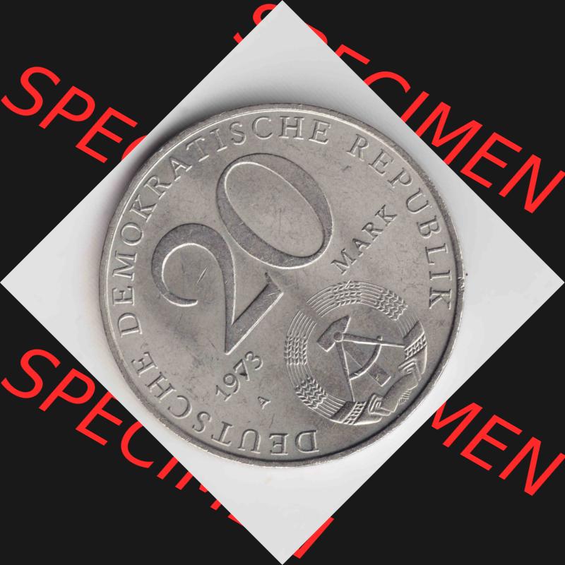 1973, 20 Mark Otto Grotewohl, Münzen-Rückseite mit DDR-Wappen auf einen Digitalen Bild, der Münze aus Deutschland der DDR, der Deutschen Demokratischen Republik,... Sammlung