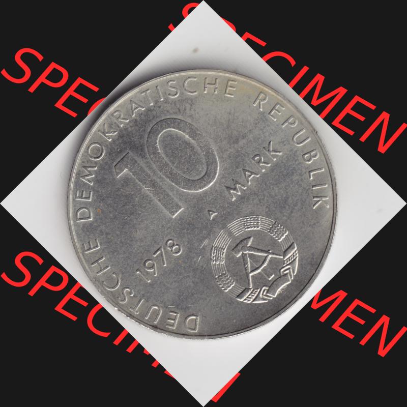 1978, 10 Mark, A Gemeinsamer Weltraumflug UDSSR-DDR, Münzen-Rückseite mit DDR-Wappen und Wert in Mark im Zahlungsverkehr zur DDR-Zeiten auf einen Digitalen Bild, der Münze... Sammlung