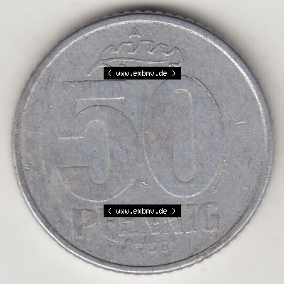 DDR Münze 1958-1990 Umlaufmünze / Kursmünze 1958-1990, A 50 Pfennig 1958-4 der DDR-Mark. Rückseite der 50 Pfennig mit Wertzahl / Wertangabe der DDR-Münze.... Sammlung