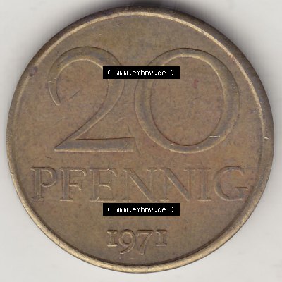 DDR Münze 1969-1990 Umlaufmünze / Kursmünze 1969-1990, 20 Pfennig 1971-1, DDR-Telefonmünze. Rückseite mit Wertzahl bzw. Nominalwert der 20 Pfennig... Sammlung