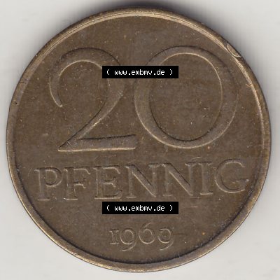 DDR Münze 1969-1990 Umlaufmünze / Kursmünze 1969-1990, 20 Pfennig 1969-7, DDR-Telefonmünze. Rückseite mit Wertzahl bzw. Nominalwert der 20 Pfennig... Sammlung