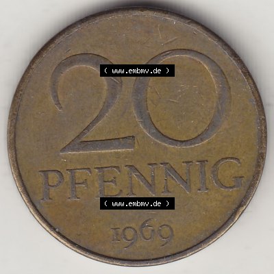 DDR Münze 1969-1990 Umlaufmünze / Kursmünze 1969-1990, 20 Pfennig 1969-6, DDR-Telefonmünze. Rückseite mit Wertzahl bzw. Nominalwert der 20 Pfennig... Sammlung