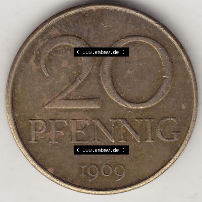 DDR Münze 1969-1990 Umlaufmünze / Kursmünze 1969-1990, 20 Pfennig 1969-5, DDR-Telefonmünze. Rückseite mit Wertzahl bzw. Nominalwert der 20 Pfennig... Sammlung