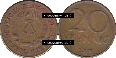 20 / Zwanzig Pfennig 1971 (Stück 4), 1970er Jahre, DDR-Telefonmünze, sich 20 / Zwanzig Pfennig-Stücke, bzw. Münzen der DDR Sammlung
