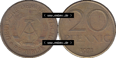 20 / Zwanzig Pfennig 1971 (Stück 1), DDR-Telefonmünze, sich 20 / Zwanzig Pfennig-Stücke, bzw. Münzen der DDR Sammlung