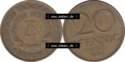 20 / Zwanzig Pfennig 1969 (Stück 37), 1960er Jahre, DDR-Telefonmünze, sich 20 / Zwanzig Pfennig-Stücke, bzw. Münzen der DDR Sammlung