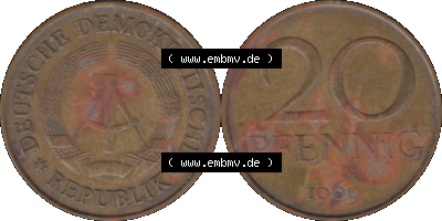20 / Zwanzig Pfennig 1969 (Stück 11), 1960er Jahre, DDR-Telefonmünze, sich 20 / Zwanzig Pfennig-Stücke, bzw. Münzen der DDR Sammlung