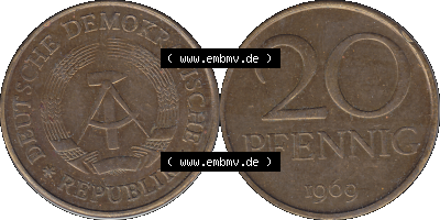 20 / Zwanzig Pfennig 1969 (Stück 7), DDR-Telefonmünze, sich 20 / Zwanzig Pfennig-Stücke, bzw. Münzen der DDR Sammlung