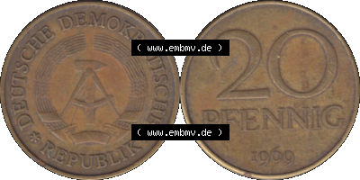 20 / Zwanzig Pfennig 1969 (Stück 19), 1960er Jahre, DDR-Telefonmünze, sich 20 / Zwanzig Pfennig-Stücke, bzw. Münzen der DDR Sammlung