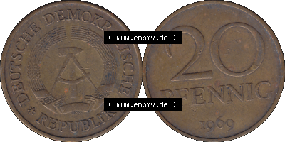 20 / Zwanzig Pfennig 1969 (Stück 28), 1960er Jahre, DDR-Telefonmünze, sich 20 / Zwanzig Pfennig-Stücke, bzw. Münzen der DDR Sammlung